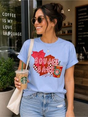 Boujee Babe Graphic Tee Coffee Lover  Shirt Pink Bow Trendy Aesthetic Tee Size L